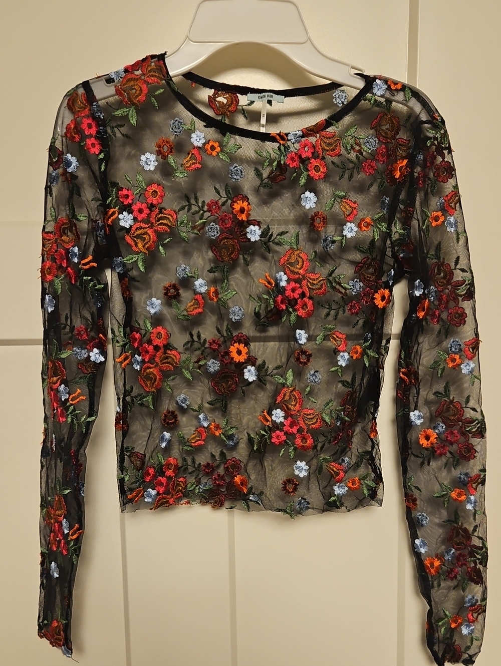 Kimchi Blue Black Sheer Long-Sleeve Top with Floral Embroidery